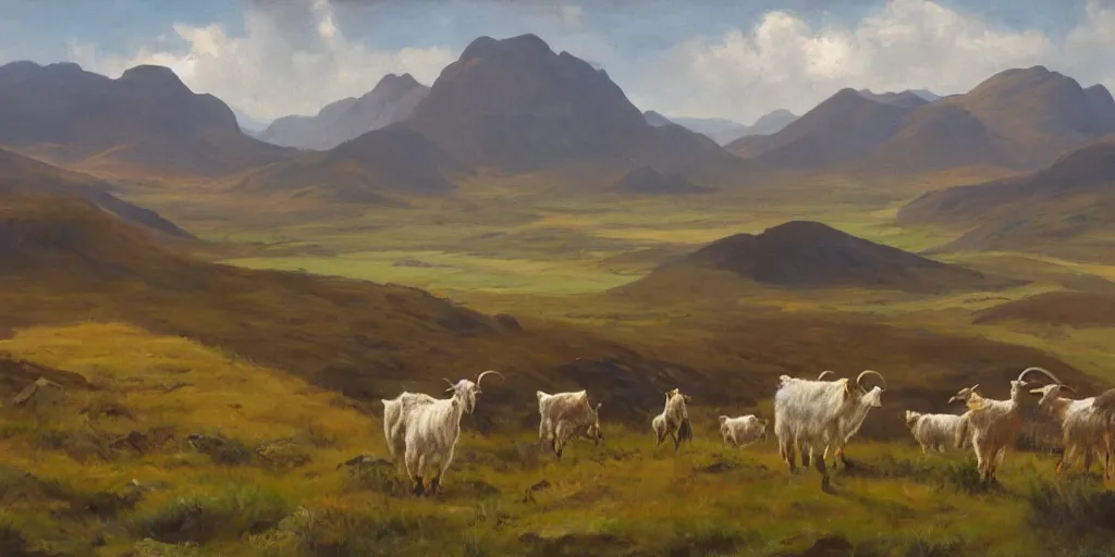 Prompt: painting of rocky highlands with goats grazing in the distance