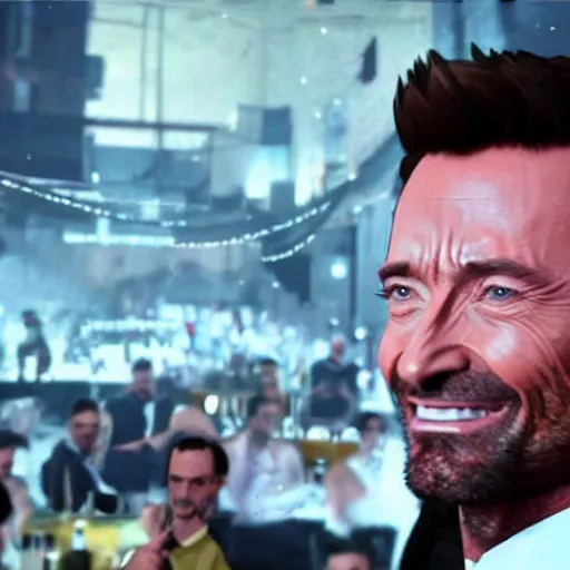 Prompt: full body action shot of hugh jackman at the club partying and taking selfies with friends and a pile of cash in the background in GTA V or GTA VI, 8K, highly detailed, photo realistic