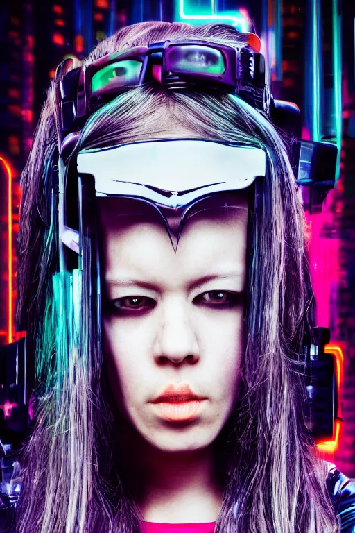 Image similar to photographic portrait of a cyberpunk girl, in the style of terry richardson