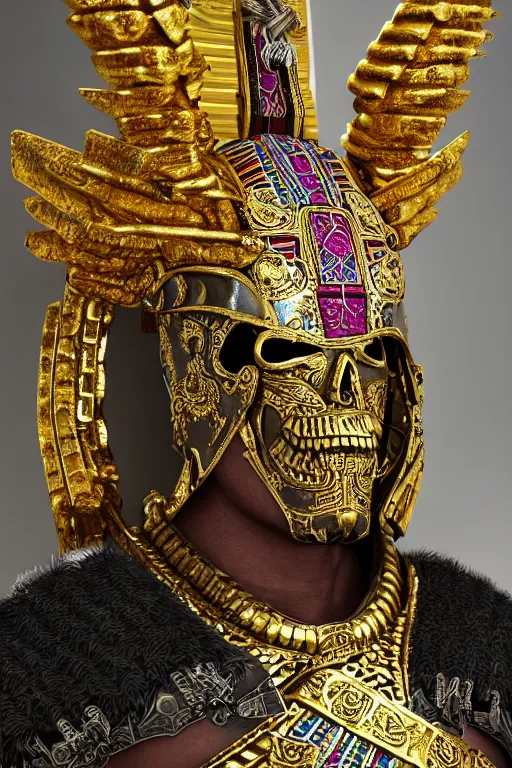 Image similar to Ancient Aztec warlord wearing Gold plated armor adorned with jewels in the shape of skulls, 8k octane rendered, photo realistic, highly detailed, intricate
