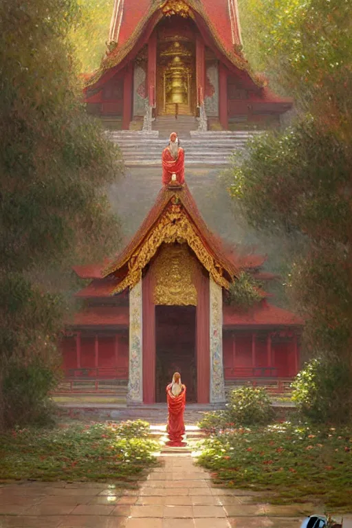 Image similar to temple, buddhism, impressionnisme, painting by greg rutkowski, artgerm, claude monet