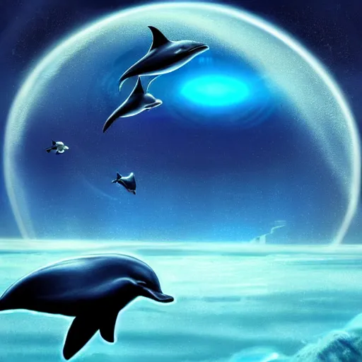 Image similar to a spaceship flies past an alien ocean and a dolphin wistfully watches from the water, sci-fi digital art illustration,