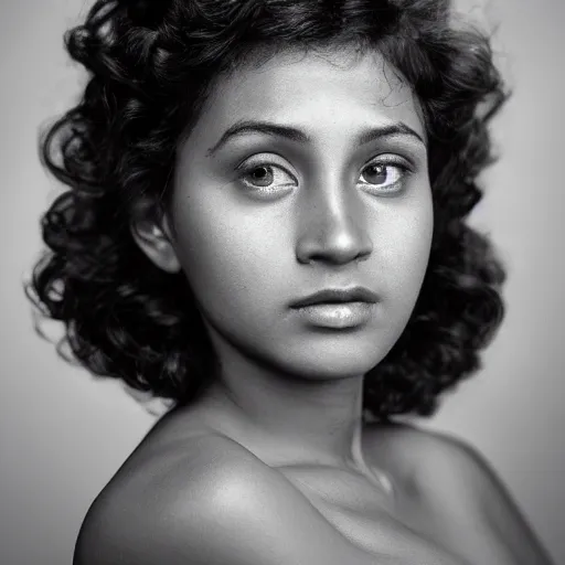 Prompt: a portrait of abeautiful female with dark curls, mixed-race, soft cinematic one-point lighting, Canon, by Yousuf Karsh, 4k