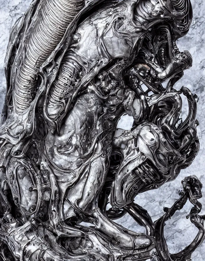 Prompt: engineer prometheus face, xenomorph alien face, highly detailed, symmetrical long head, smooth marble surfaces, detailed ink illustration, raiden metal gear, cinematic smooth stone, deep aesthetic, concept art, post process, 4k, carved marble texture and silk cloth, latex skin, highly ornate intricate details, prometheus, evil, moody lighting, hr geiger, hayao miyazaki, indsutrial Steampunk
