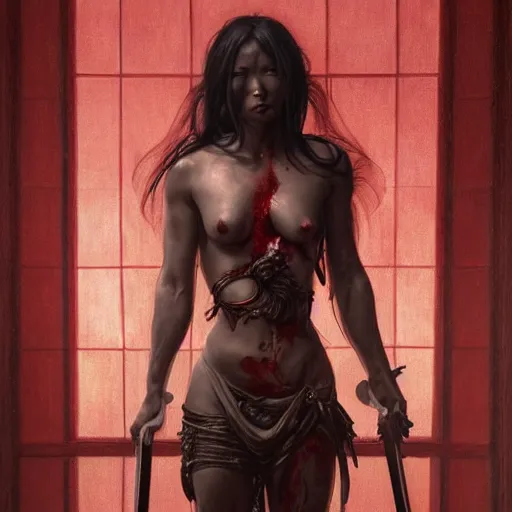 Prompt: painting of dark muscular oiled japanese woman, bloody, carrying a sword, symmetric, ultra realistic, concept art, intricate details, eerie, highly detailed, photorealistic, octane render, 8 k, unreal engine. art by artgerm and greg rutkowski and alphonse mucha