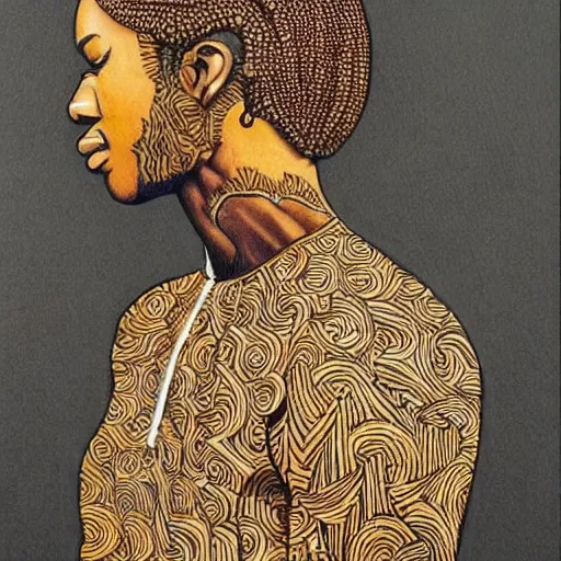 Image similar to contemplative black man with twists, beautiful, intricate details, east african, art by jose miguel