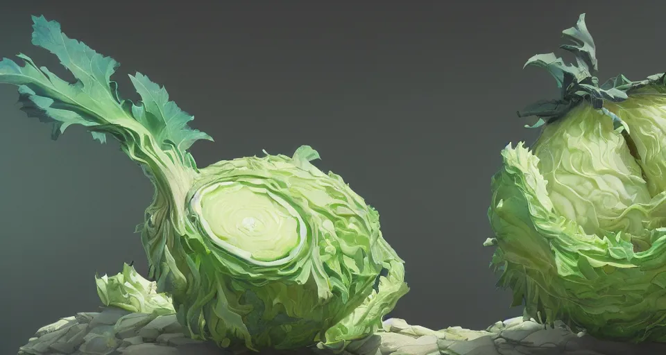 Prompt: a beautiful painting of a rotten cabbage by studio ghibli, gigantic, octane render, brilliantly coloured, intricate, ultra wide angle, trending on artstation, dusk, volumetric lighting, polished, micro details, ray tracing, 8k