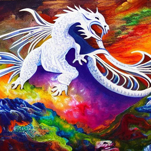 Prompt: highly detailed oil painting of a white dragon sitting in a colorful hotspring within a dark cavern