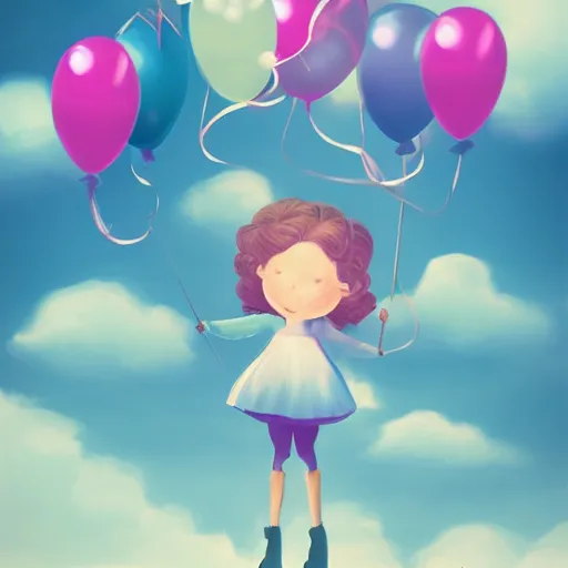 Image similar to a little girl child holding balloons and flying in the sky , dream ,magical, concept art trending on artstation,