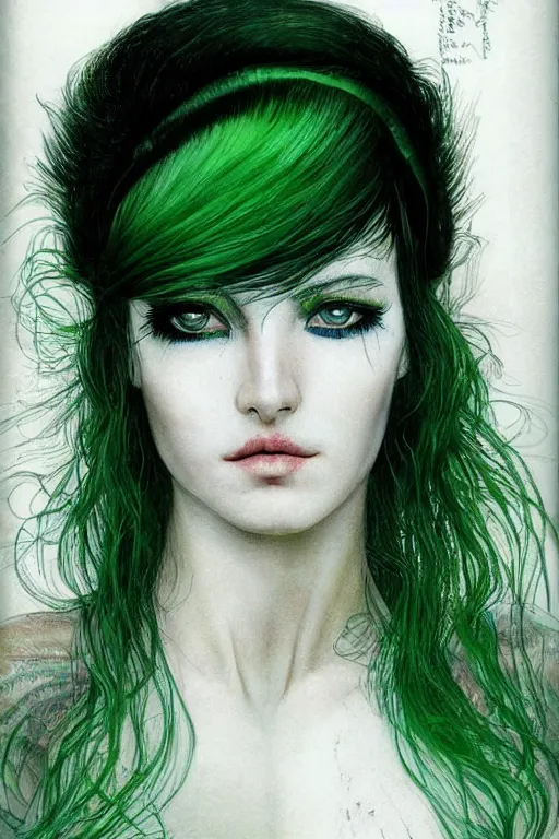 Image similar to beautiful symmetrical portrait of a woman with green hair, feathered silk dress, sparkling eyes, runny make up by luis royo and alan lee
