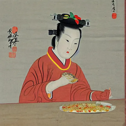 Prompt: the Chinese ancient painting of a lady eating a hamburger in Tang Dynasty , by Han Xizai