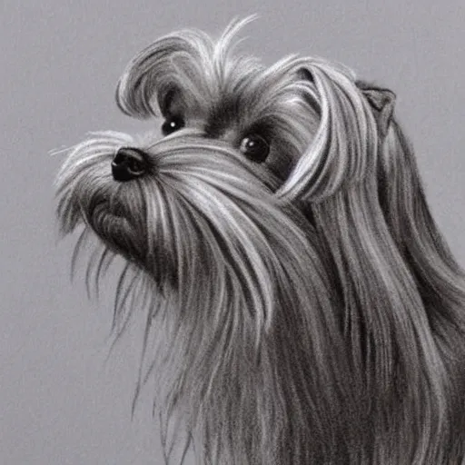 Prompt: Yorkshire terrier dog, long hair, extremely detailed masterpiece, illustration, by Michael Sowa,