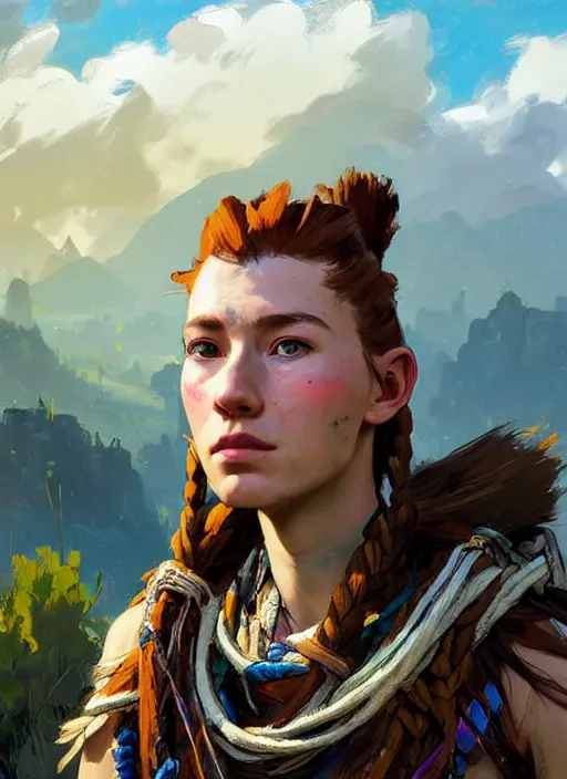 Image similar to portrait of a eastern european Aloy from Horizon Zero Dawn in the style of League of Legends practicing, countryside, calm, fantasy character portrait, dynamic pose, above view, sunny day, clouds in the sky, artwork by Jeremy Lipkin and Giuseppe Dangelico Pino and Michael Garmash and Rob Rey and Huang Guangjian, very coherent asymmetrical artwork, sharp edges, perfect face, simple form, face by Fernanda Suarez and Greg Manchess, 100mm