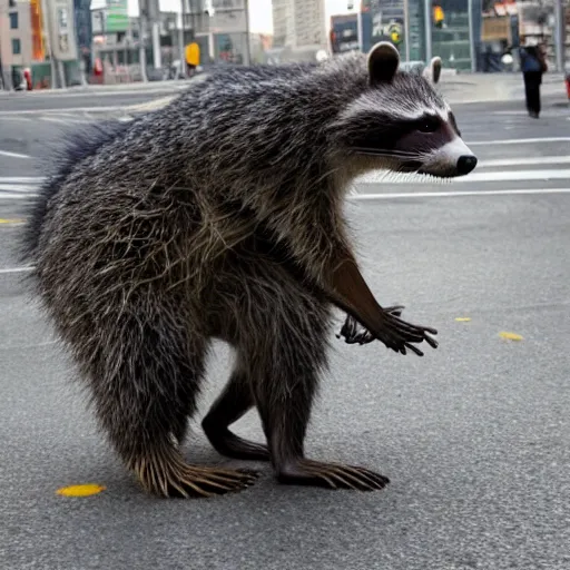 Prompt: giant racoon attacking city