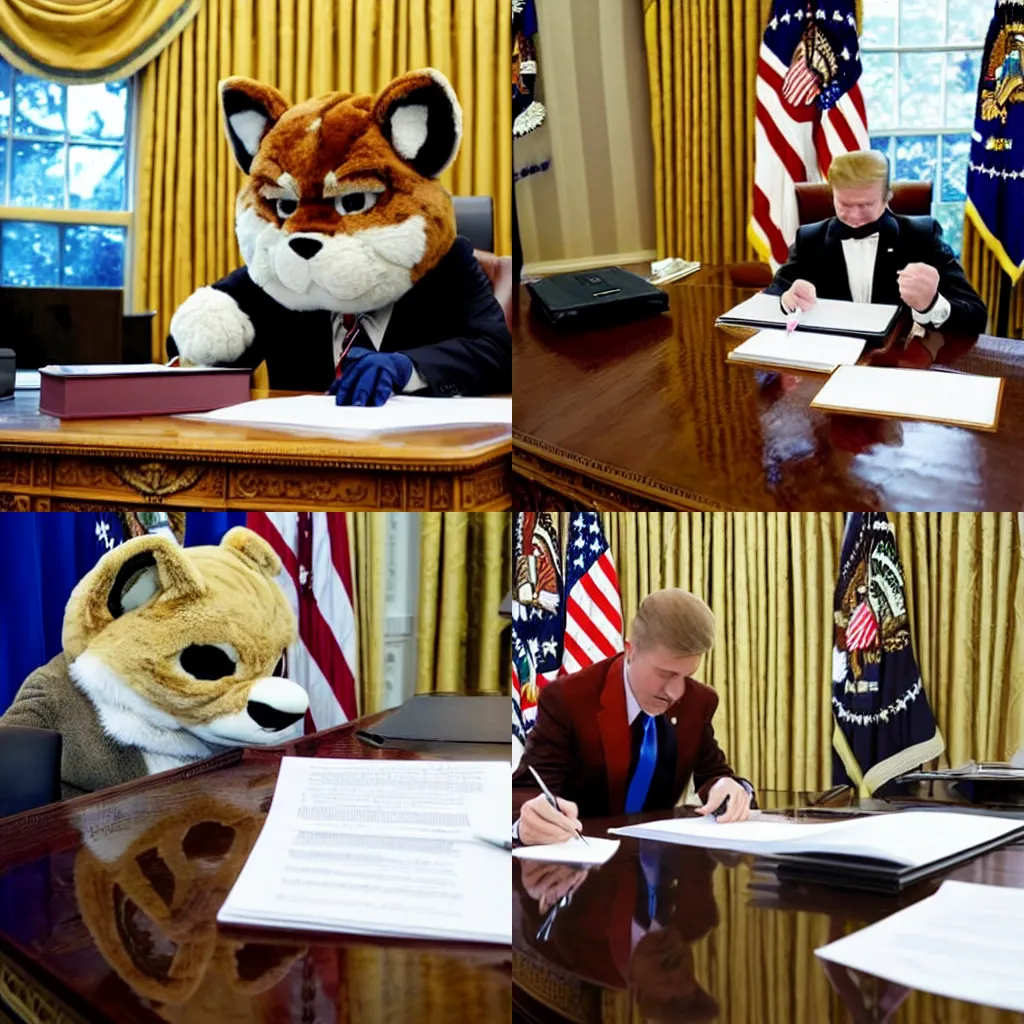 Prompt: reuters photo of a furry fursuiter president signing bills at the oval office desk, 2 0 1 5