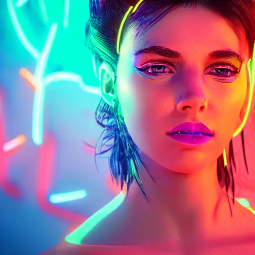 Image similar to a girl glowing with neon colors in the middle of a beautiful desert sunrise,high detail of the face, high detail, high modernization, high stylization, photorealistic, 8k resolution, octane render, unreal engine