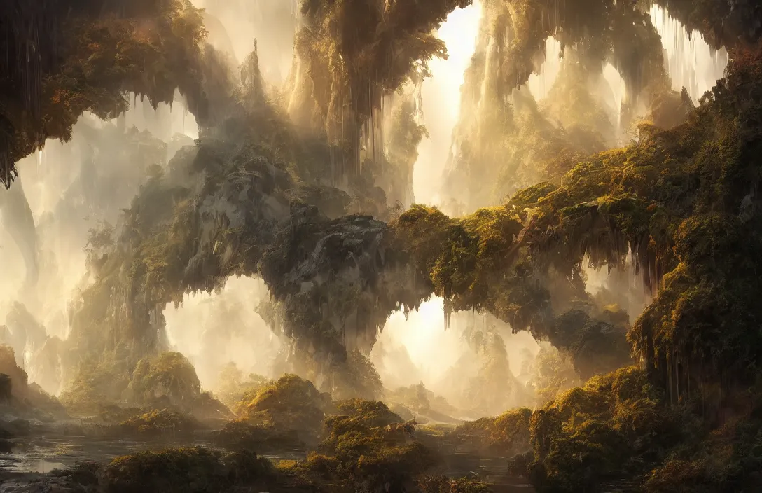 Image similar to a huge arc far away in the style of stephan martiniere, detailed dreamscape, hyperreal phantastic, intricate details in environment, golden ratio, high aestehtic, waterfalls and lakes, cinematic light dramatic light, lightrays, flying birds in distance, trending on artstation