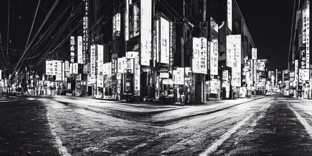 Image similar to a city street at night, snowing, photograph, cyberpunk, sharp focus, intricate detail, Desolate, drone shot, high resolution, 8k, neon streetlights, wires hanging down everywhere, Japan