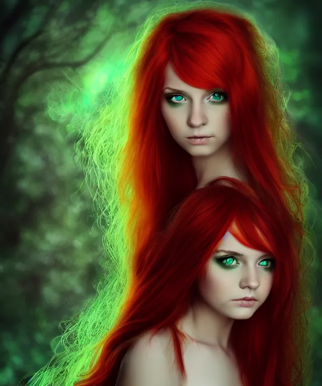 Prompt: Fae teenage girl, portrait, face, long red hair, green highlights, fantasy, intricate