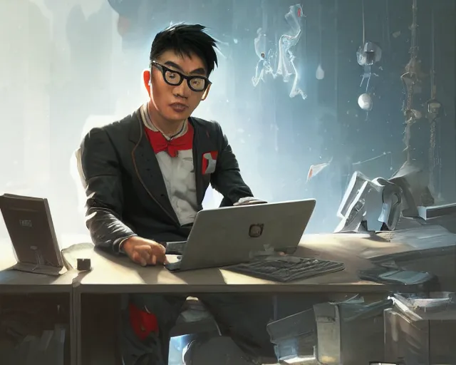 Image similar to an insanely detailed painting of a nerdy asian man wearing a superhero costume, sitting at a desk, staring at the nervously at the computer and typing, in the style of peter mohrbacher, dramatic lighting and composition, octane render, pixar, trending on artstation, concept art, comic book, view from behind