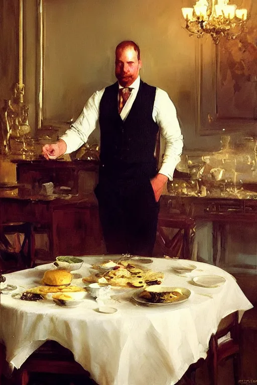 Image similar to portrait of a respectable dignified royal business elite politician standing on top of a finely set table calmly stepping in the food art by anders zorn, wonderful masterpiece by greg rutkowski, beautiful cinematic light, american romanticism by greg manchess, jessica rossier