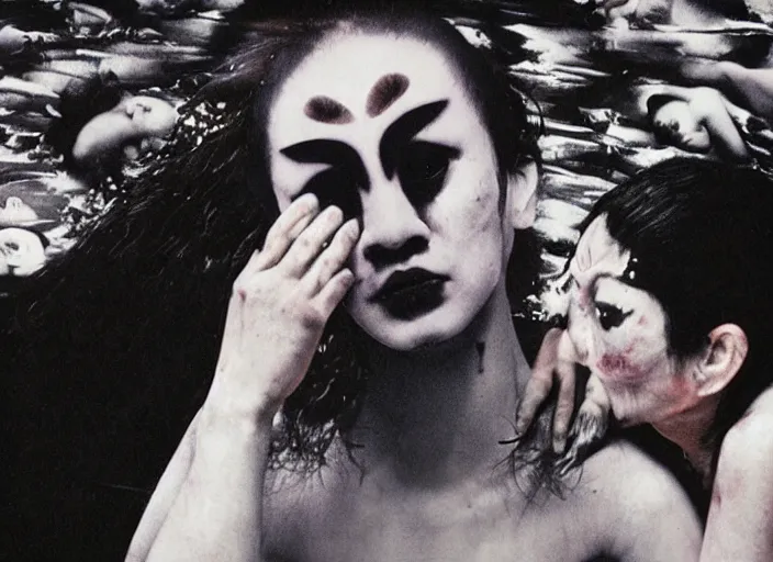 Image similar to a surreal love scene from a feature film by wong kar - wai, alejandro jodorowsky, roger ballen and nobuyoshi araki : : pagan occultism, magick ritual, butoh : : close - up shot, exquisite lighting setup : : anamorphic lens, kodakchrome : : 8 k