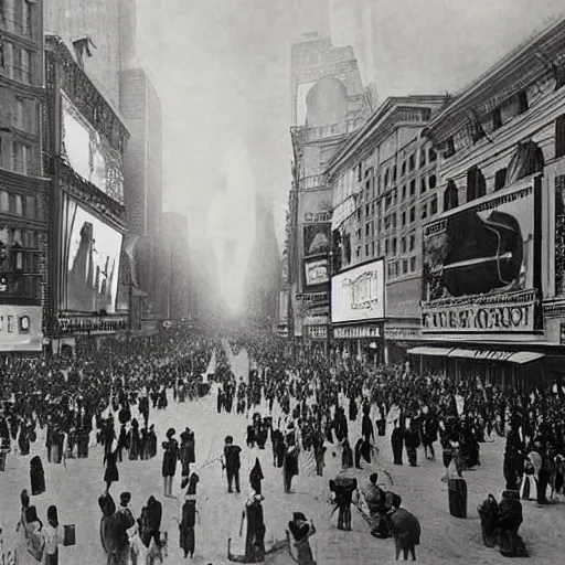 Prompt: 1 9 th century photograph of times square, modern aesthetics,