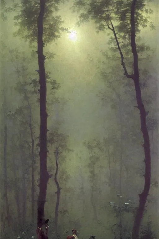 Prompt: moody painting of purple morning glory flowers vining and growing in a forest dimly lit at night. foggy volumetric darkness, muted colour palette oil painting on canvas william - adolphe bouguereau