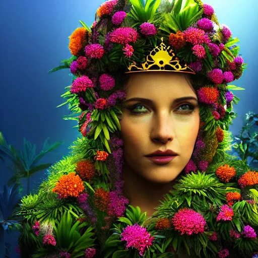 Image similar to Mother Nature with a crown made of flowers towering over a tropical island, Dramatic Lighting, Trending on Artstation HQ, 4K, UHD.