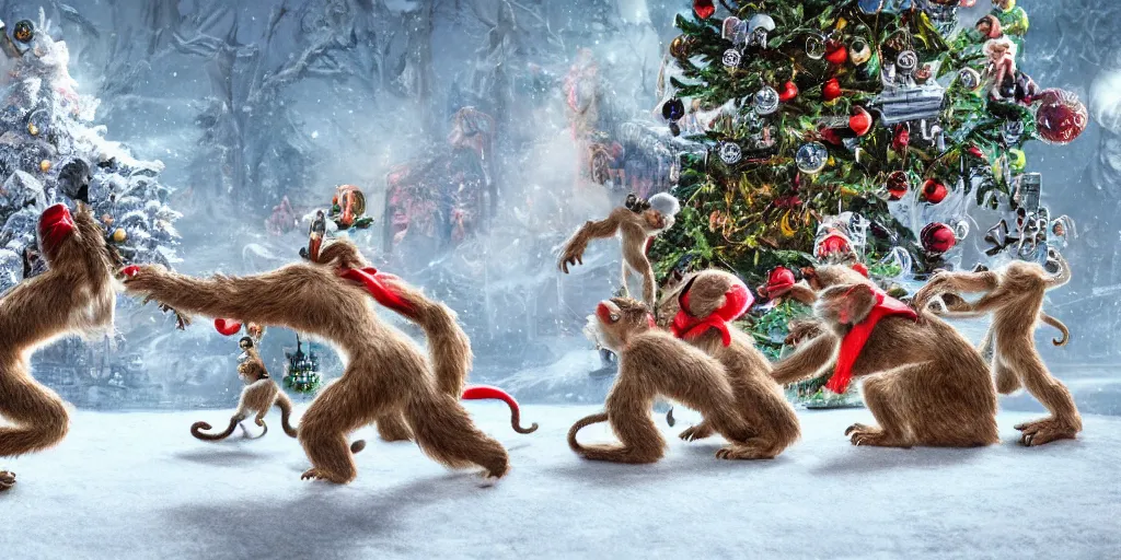 Image similar to Intricate detailed illustration, white-furred humanoid creatures fighting monkeys in front of a christmas tree, cinematic lighting, by Philip Hood, wide angle, volumetric light scattering, 8k, artstation, concept art,