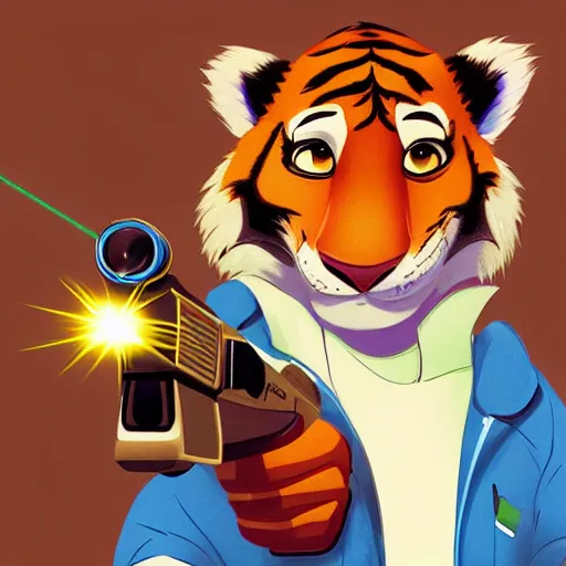 Image similar to “portrait of tiger in the style of the movie zootopia holding a laser gun, 4k, digital art, award winning”