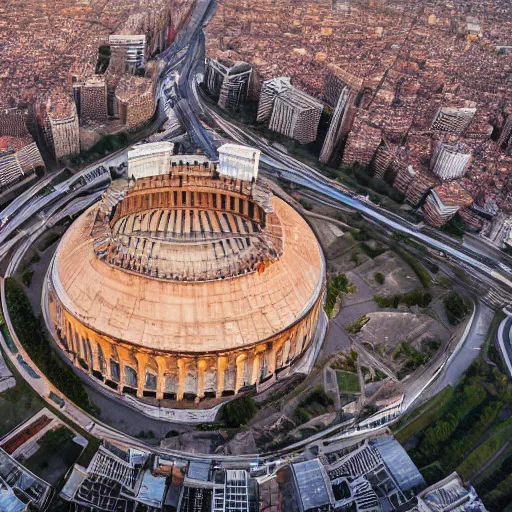 Image similar to the roman colosseum designed by zaha hadid, overhead view, golden hour, 4K Photograph