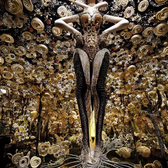 Prompt: symmetric frame from Prometheus, biomechanical gaia, by guo pei and alexander mcqueen metal couture editorial, in mycelium macro mushroom hanging garden by giger by utagawa kuniyoshi by Yuko Shimizu