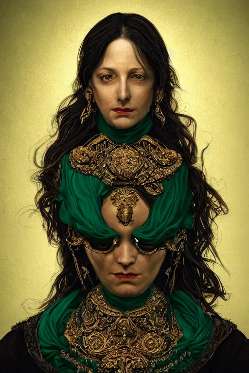 Prompt: portrait, headshot, digital painting, of a 17th century, beautiful, middle aged, middle eastern, wrinkles, decadent, cyborg noble woman, dark hair, amber jewels, baroque, ornate dark green opulent clothing, scifi, futuristic, realistic, hyperdetailed, concept art, chiaroscuro, dramatic backlighting, golden hour, autochrome, art by syd mead