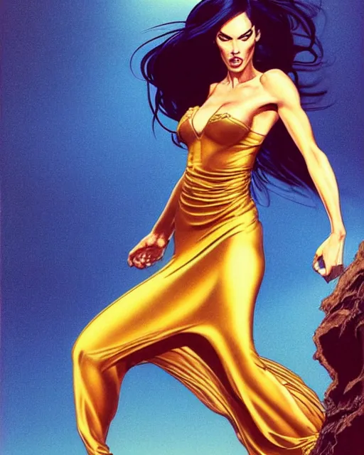 Prompt: low angle very seductive and powerful megan fox fantasy goddess wearing a long gold dress, action glamour pose, windblown dark hair, vibrant, hyper detailed, smooth, ambient lighting, sharp focus, fritz willis, anna dittmann, moebius, patrick nagle!!!, 1 9 8 7, rim lighting,