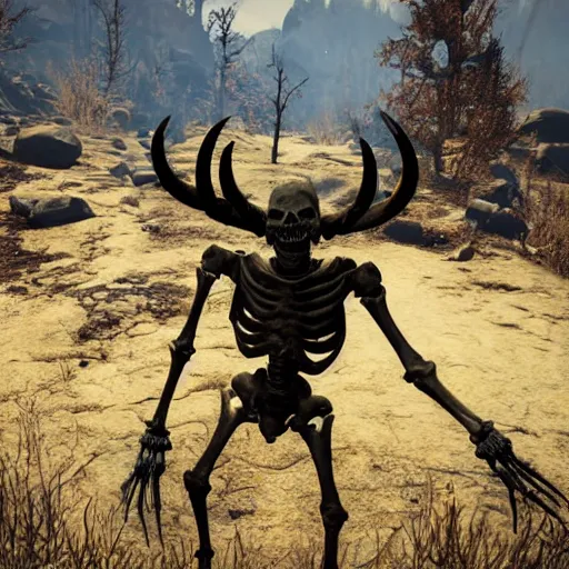 Image similar to Dangerous skeleton creature with horns in fallout 76, photograph, high quality, detailed, sharp