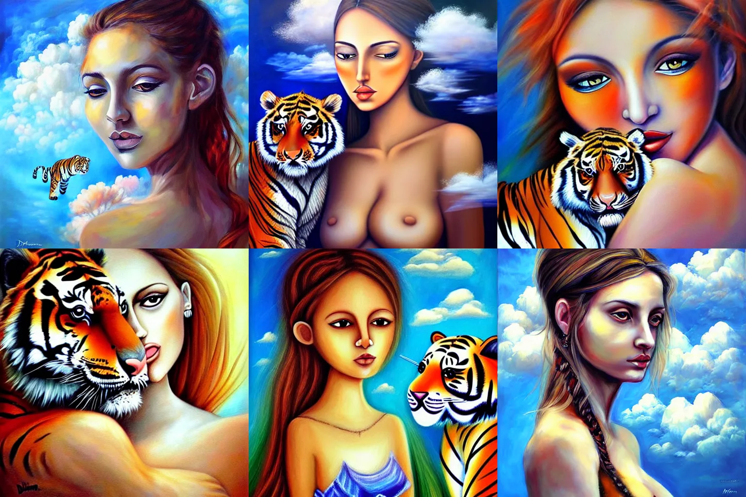 Prompt: portrait of a beautiful woman and a tiger, beautiful clouds, dream elements, painting, by dimitra milan.