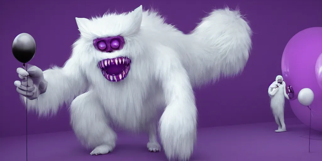 Prompt: a photo of white fur monster standing in a purple room, standing with balloon, horror, hyper realistic, detailed, trending on artstation