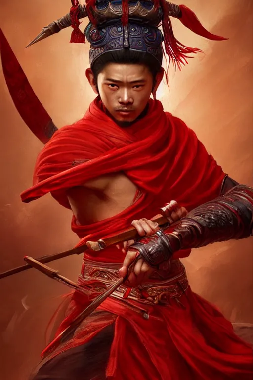 Image similar to a masterpiece portrait of nezha, red cloth around his shoulders, hold spear, cinematic, fantasy character portrait, highly detailed, by ne zha ( 2 0 1 9 ), fenghua zhong,