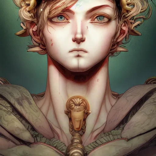 Image similar to prompt : roman panteon character portrait soft light painted by james jean and katsuhiro otomo and erik jones, inspired by evangeleon anime, smooth face feature, intricate oil painting, high detail illustration, sharp high detail, manga and anime 1 9 9 9