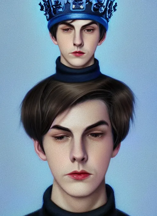 Image similar to portrait of teenage jughead jones wearing a light grey crown, crown, blue turtleneck, 1 9 5 0 s, closed eyes, photorealistic, black hair, glowing lighting, intricate, elegant, glowing lights, highly detailed, digital painting, artstation, concept art, smooth, sharp focus, illustration, art by wlop, mars ravelo and greg rutkowski