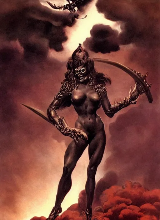 Image similar to portrait of demoness soldier, above black clouds, black iron tiara, strong line, deep color, forest, beautiful! coherent! by boris vallejo, by frank frazetta, minimalism