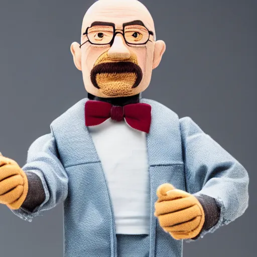 Prompt: Walter White Ventriloquist Puppet, 4k, stock photo, full body, detailed, vintage photo