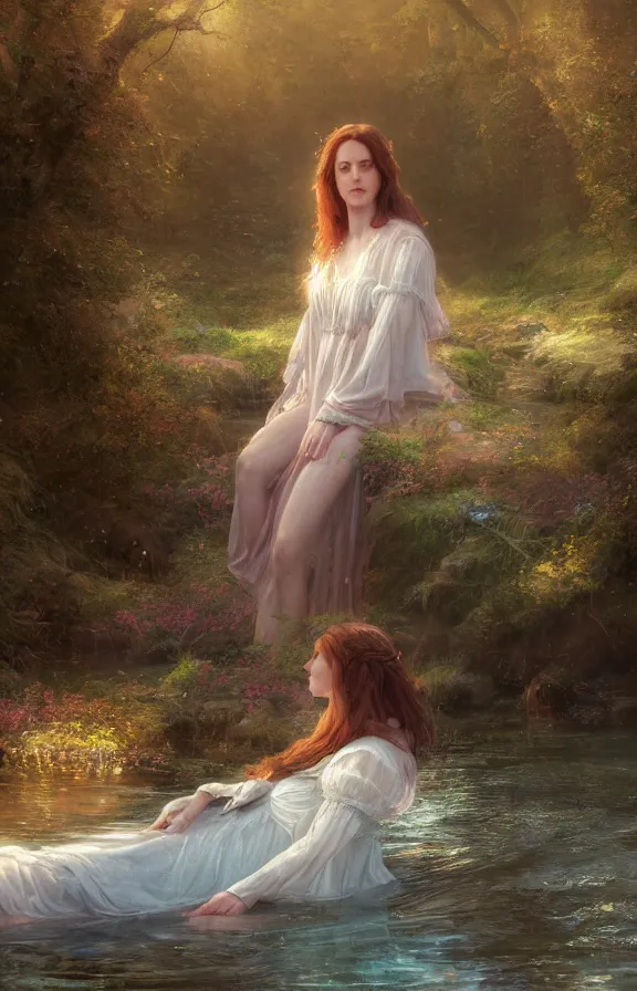 Prompt: beautiful lady of shalott laying in a river, sadness, longing, sharp focus, intricate, elegant, digital painting, artstation, matte, highly detailed, concept art, illustration, volumetric lighting, bokeh light, art by greg olsen and liz lemon swindle