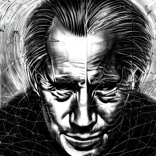 Prompt: Yoshitaka Amano realistic illustration of joe biden ,hair fluttering in the wind, cracks on his face wearing Elden ring armour with engraving, abstract black and white patterns on the background, noisy film grain effect, highly detailed, Renaissance oil painting, weird portrait angle, blurred lost edges, three quarter view