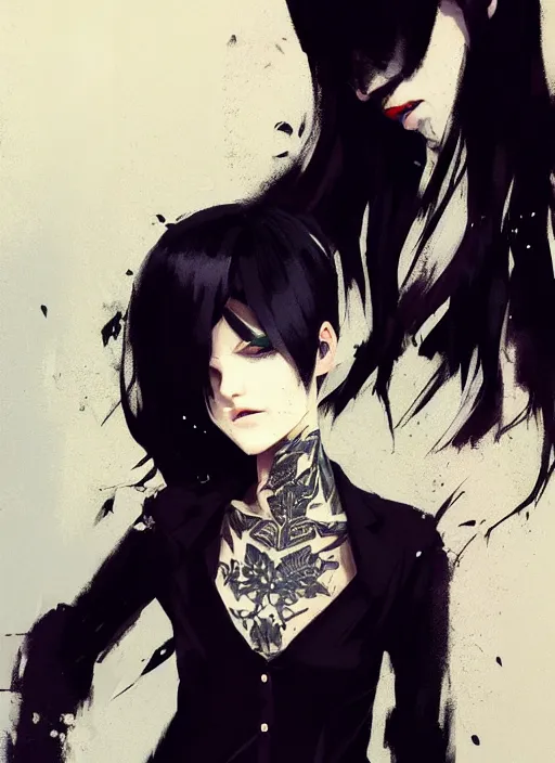 Prompt: ultradetailed beautiful panting of a stylish goth woman wearing a shirt with a tie, tattoos, she has black hair, distressed, by greg rutkowski, ashley wood, makoto shinkai, ilya kuvshinov, on artstation