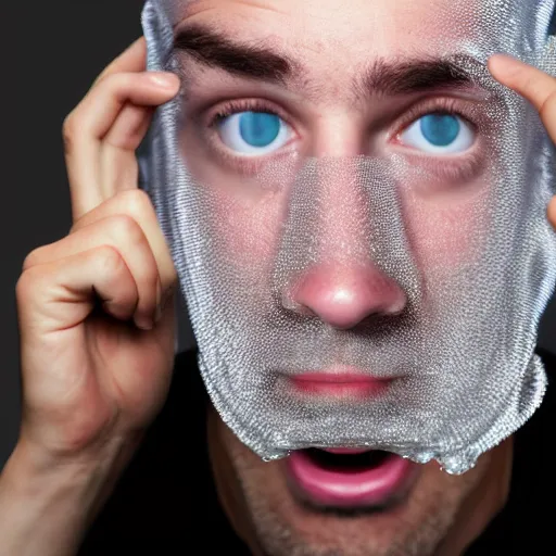 Image similar to portrait of a man who's face is made of bubble wrap plastic, he looks terrified, realistic photoshop