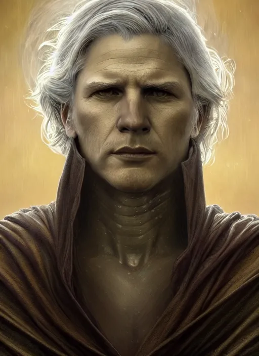 Image similar to Portrait of Prime Minister Scott Morrison, silver shaggy hair, cloak, ethereal wings, fantasy, extremely detailed, digital painting, artstation, concept art, smooth, sharp focus, illustration, stunning lighting, art by artgerm and greg rutkowski and alphonse mucha and simon stalenhag, realistic character concept, high fantasy, light atmosphere, golden ratio, cinematic lighting, hyperdetailed, high resolution, insanely detailed and intricate, artstation, Marc Simonetti, Greg Rutkowski, 8k