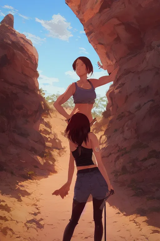 Image similar to a girl hiking in the desert, full shot, fine - face, realistic shaded perfect anatomy, fine details. night setting. very anime style. realistic shaded lighting poster by ilya kuvshinov katsuhiro, magali villeneuve, artgerm, jeremy lipkin and michael garmash, rob rey and kentaro miura style, trending on art station