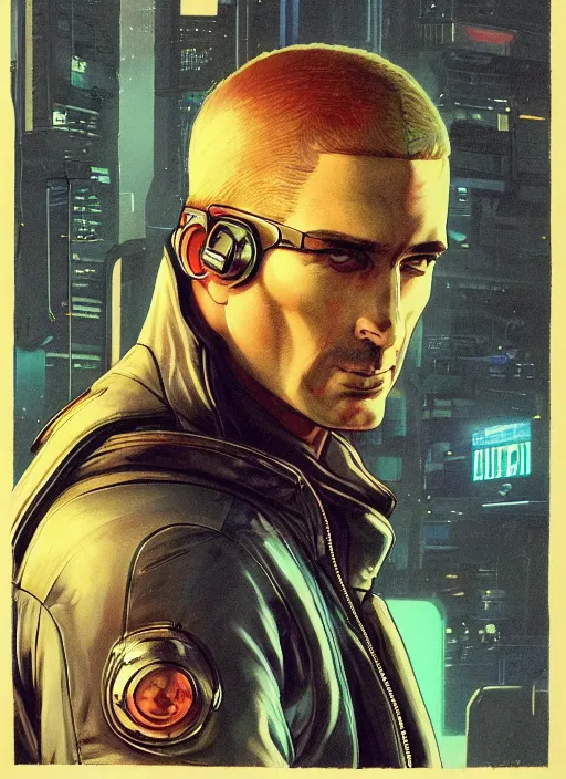Image similar to cyberpunk policeman. portrait by stonehouse and mœbius and will eisner and gil elvgren and pixar. realistic proportions. cyberpunk 2 0 7 7, apex, blade runner 2 0 4 9 concept art. cel shading. attractive face. thick lines.